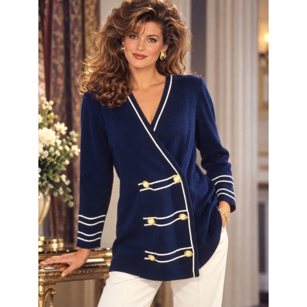 Navy Blue Nautical Cardigan Sweater Gold Crest Buttons White Trim Longline VNeck